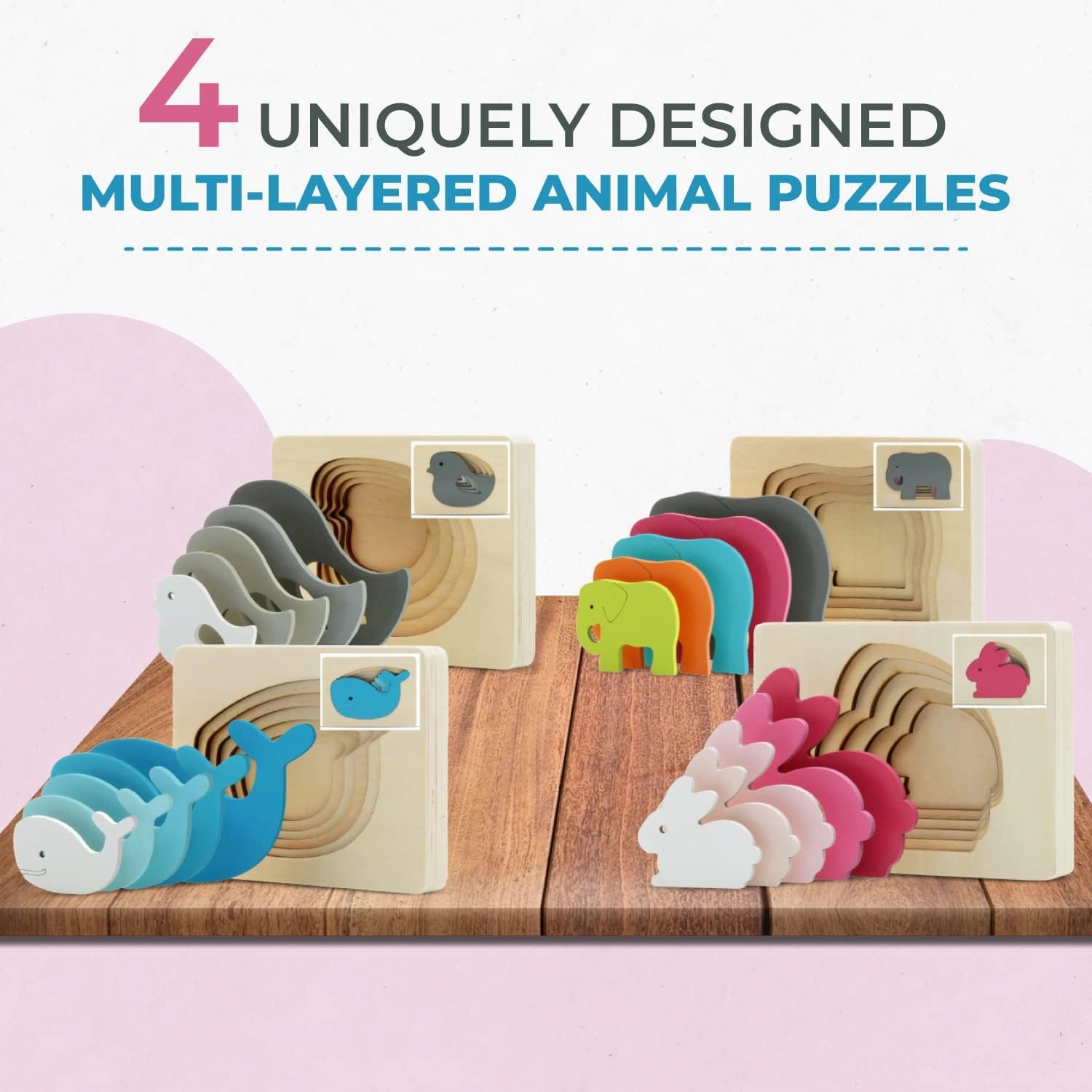 TEKOR Wooden (4) Multi-Layered Puzzles | Unique Cute Wooden Animal Puzzle | Early Educational Toys | Ages 3 and Up | Bright Colors | Teaches Hand Coordination | Safe Paint for Children