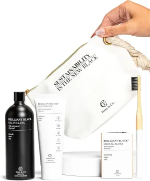 Terra & Co. Brilliant Black Teeth Whitening Kit for Healthy Teeth and Gums | Oil Pulling, Bamboo Charcoal Dental Floss, and Charcoal Tooth Paste | Vegan and Cruelty-Free
