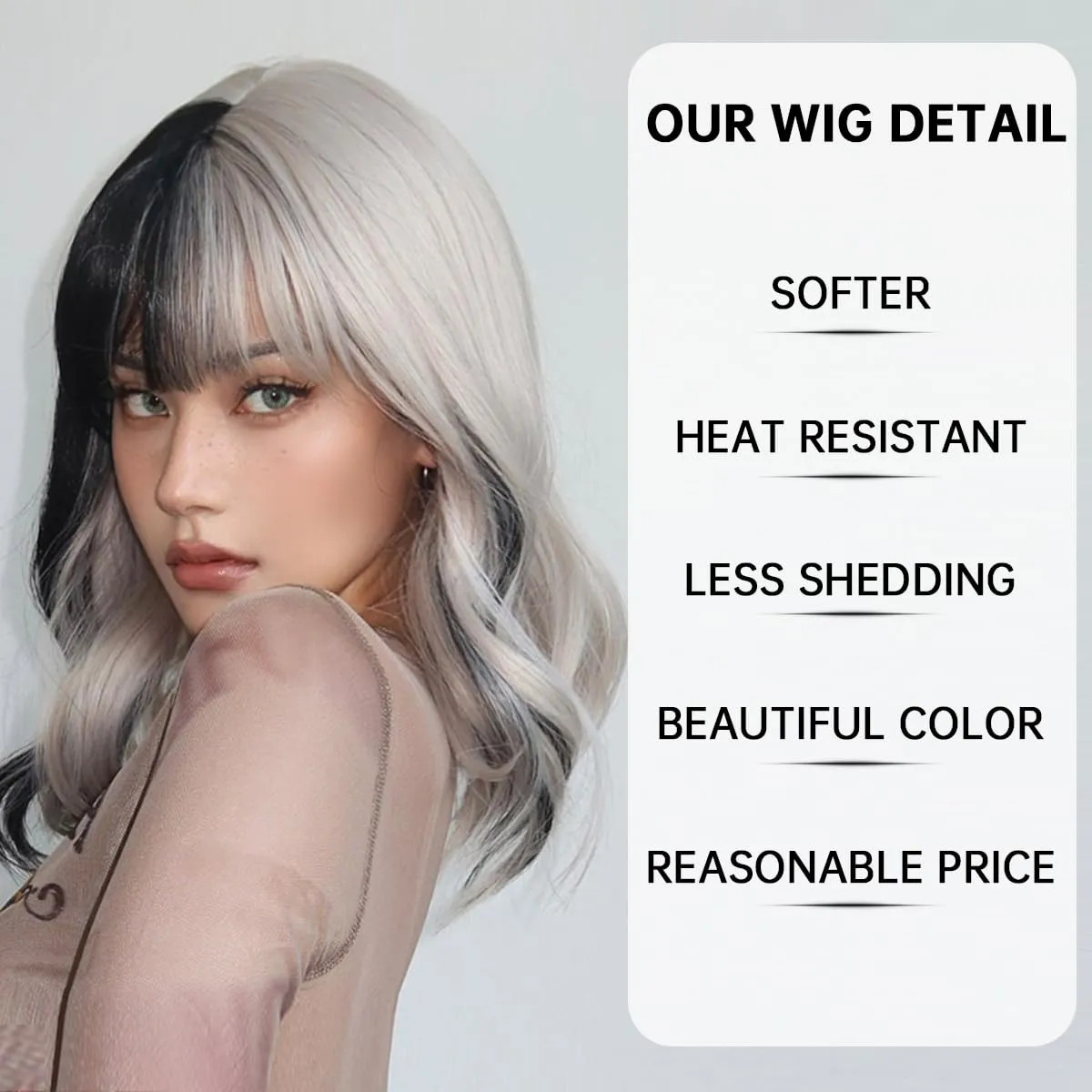 testar Short Black White Wavy Bob Wigs for Women Curly Wigs With Bangs Heat Resistant Fiber Synthetic Cosplay Cruella Deville Wig Daily Party/Halloween Costume Use 14Inch