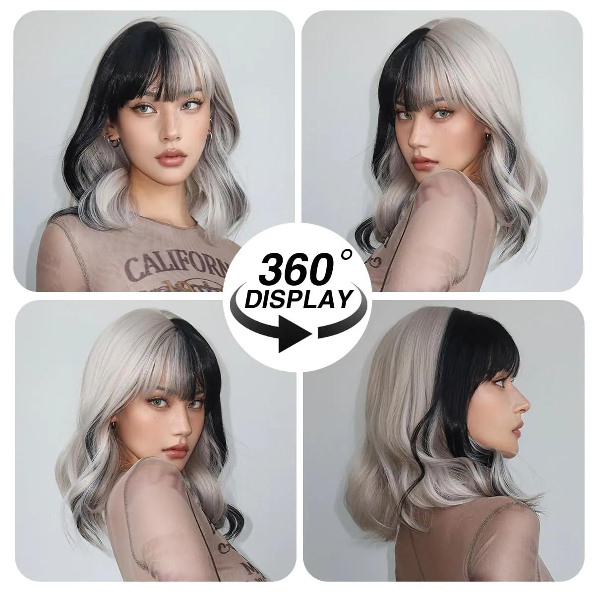 testar Short Black White Wavy Bob Wigs for Women Curly Wigs With Bangs Heat Resistant Fiber Synthetic Cosplay Cruella Deville Wig Daily Party/Halloween Costume Use 14Inch
