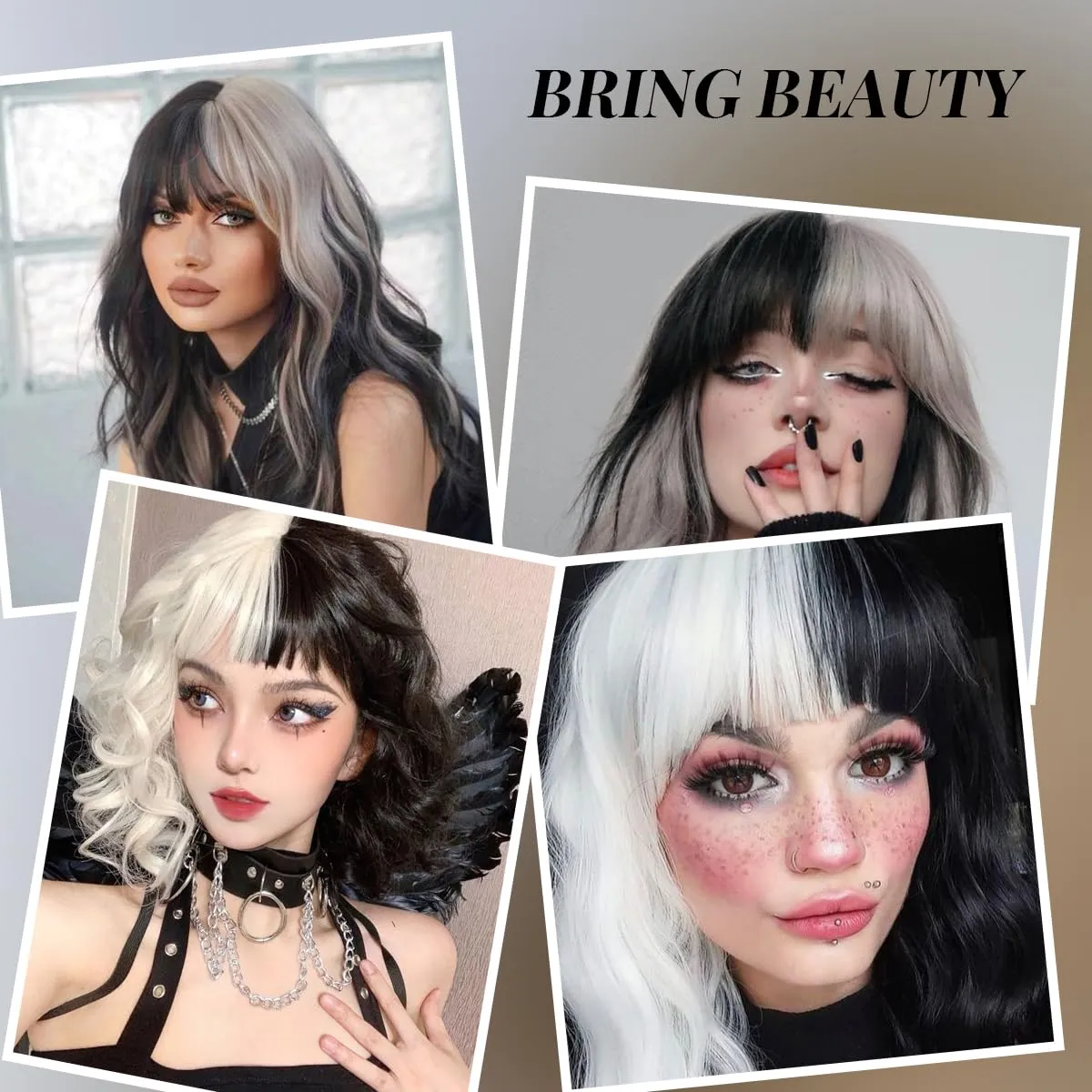 testar Short Black White Wavy Bob Wigs for Women Curly Wigs With Bangs Heat Resistant Fiber Synthetic Cosplay Cruella Deville Wig Daily Party/Halloween Costume Use 14Inch