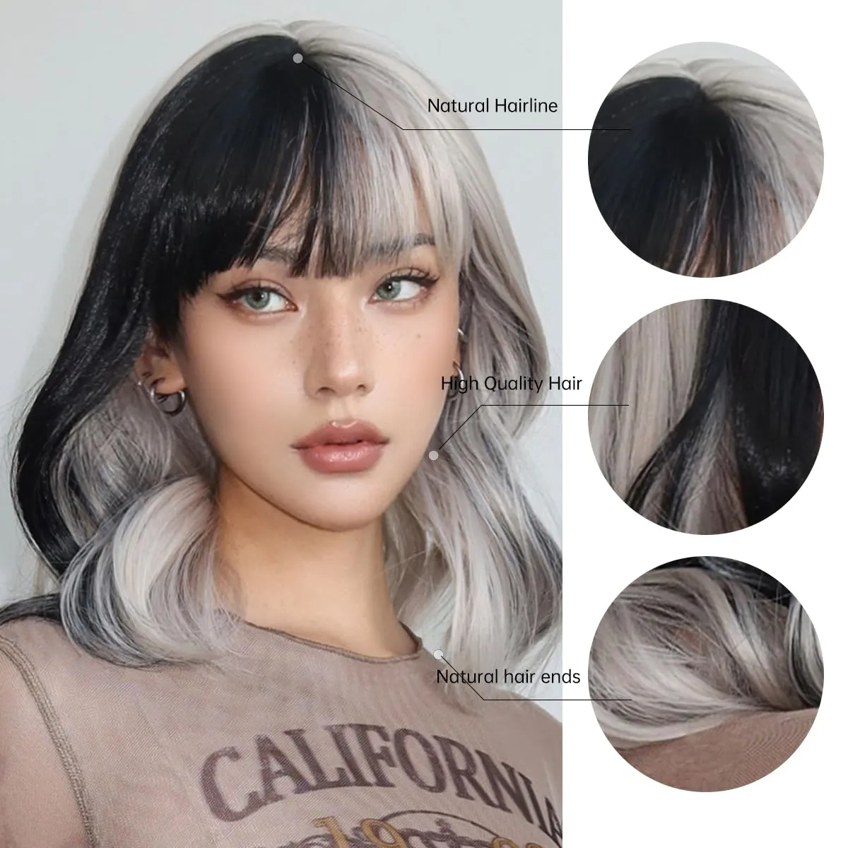testar Short Black White Wavy Bob Wigs for Women Curly Wigs With Bangs Heat Resistant Fiber Synthetic Cosplay Cruella Deville Wig Daily Party/Halloween Costume Use 14Inch
