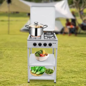 TFCFL 4 Burner Gas Stove, Portable Propane Stove with Support Leg Stand and Wind Blocking Cover, Manual Ignition Camping Stove, Suitable for Home, RV, Apartment (White)