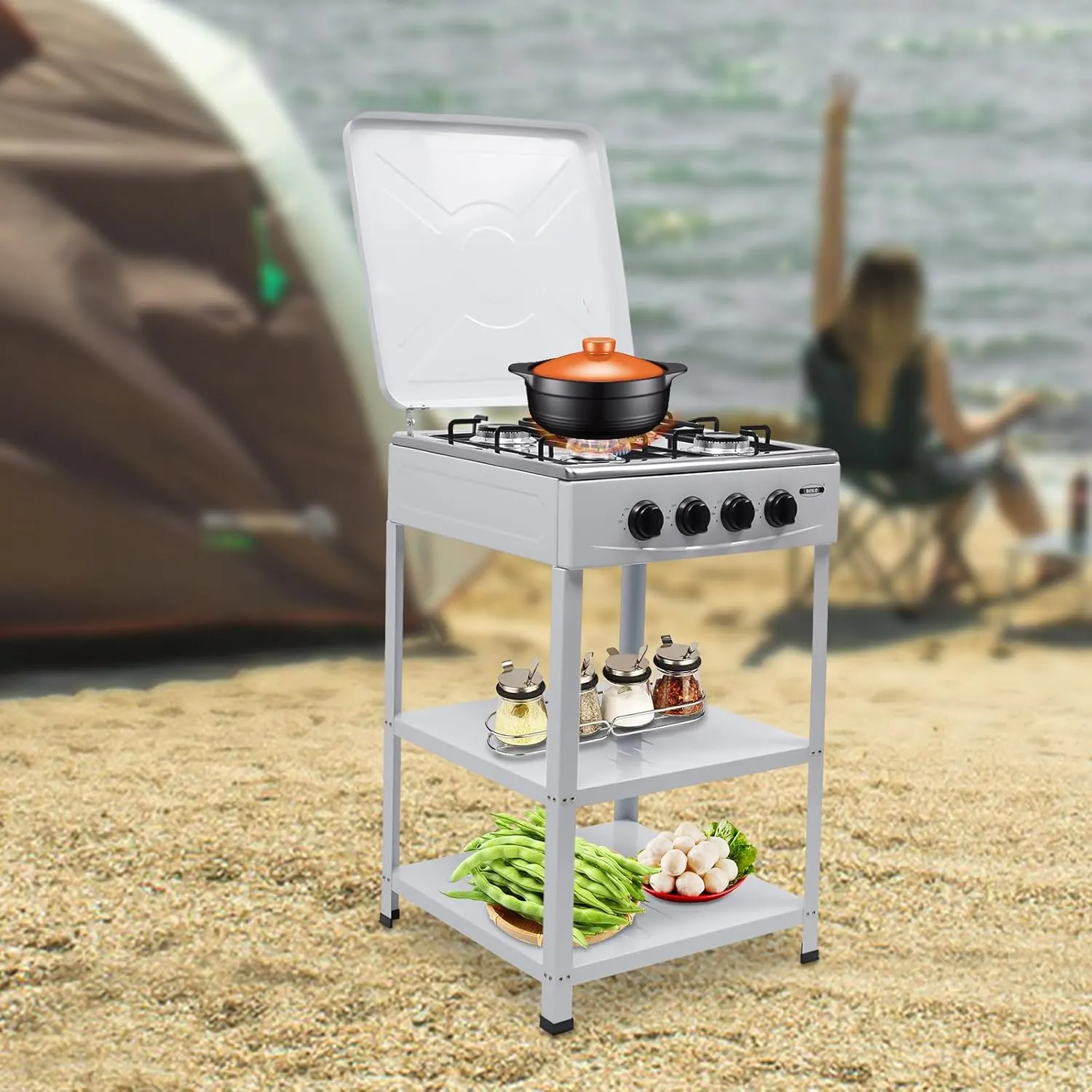 TFCFL 4 Burner Gas Stove, Portable Propane Stove with Support Leg Stand and Wind Blocking Cover, Manual Ignition Camping Stove, Suitable for Home, RV, Apartment (White)