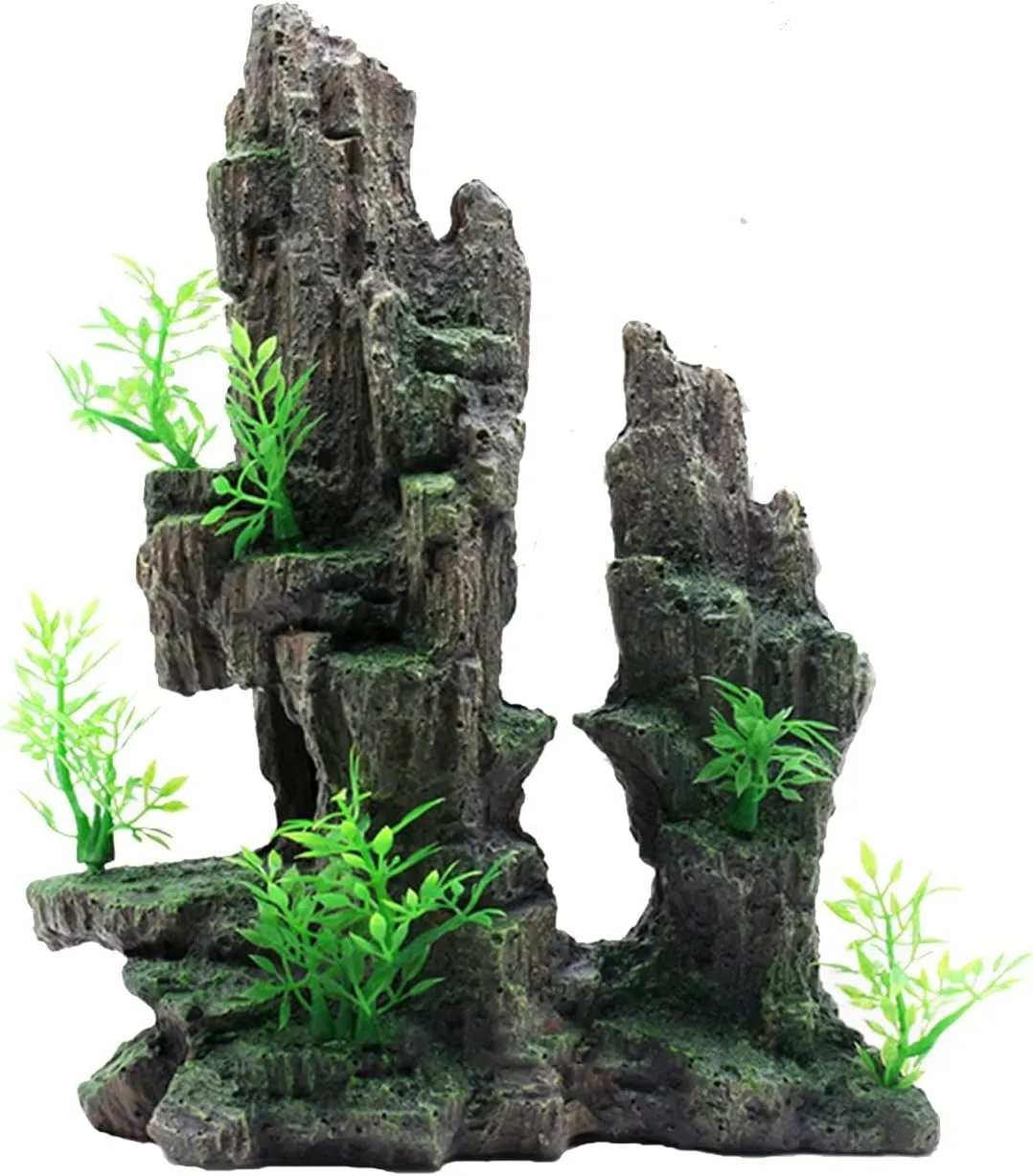 Tfwadmx Aquarium Mountain View Moss Tree Rock Cave Fish Tank Stone Ornament Landscape Decoration with Small Plants