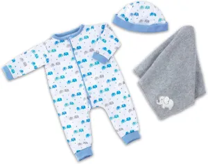 The Ashton-Drake Galleries Custom-Designed Elephant Print Sleeper and Fleece Snuggle Blanket 3 Piece Baby Doll Accessory Set with Matching Cap