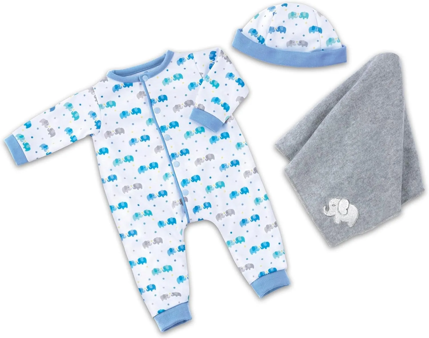The Ashton-Drake Galleries Custom-Designed Elephant Print Sleeper and Fleece Snuggle Blanket 3 Piece Baby Doll Accessory Set with Matching Cap