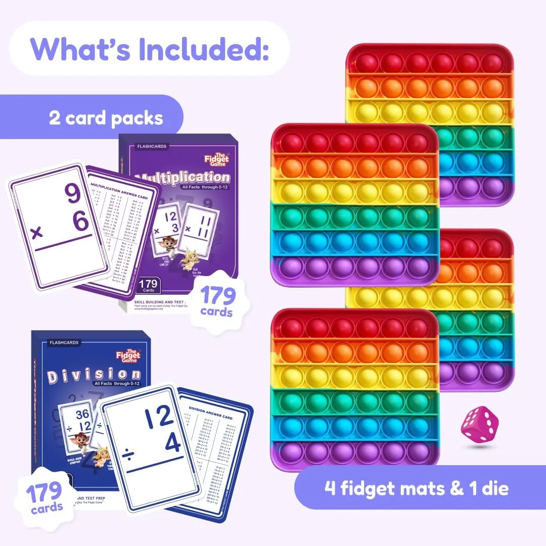 The Fidget Game 358 Math Bundle Multiplication and Division Flash Cards Set All Facts 0-12 for Kids in 2nd, 3rd and 4th Grade Classroom or Homeschool - Includes Popping Mats and Die