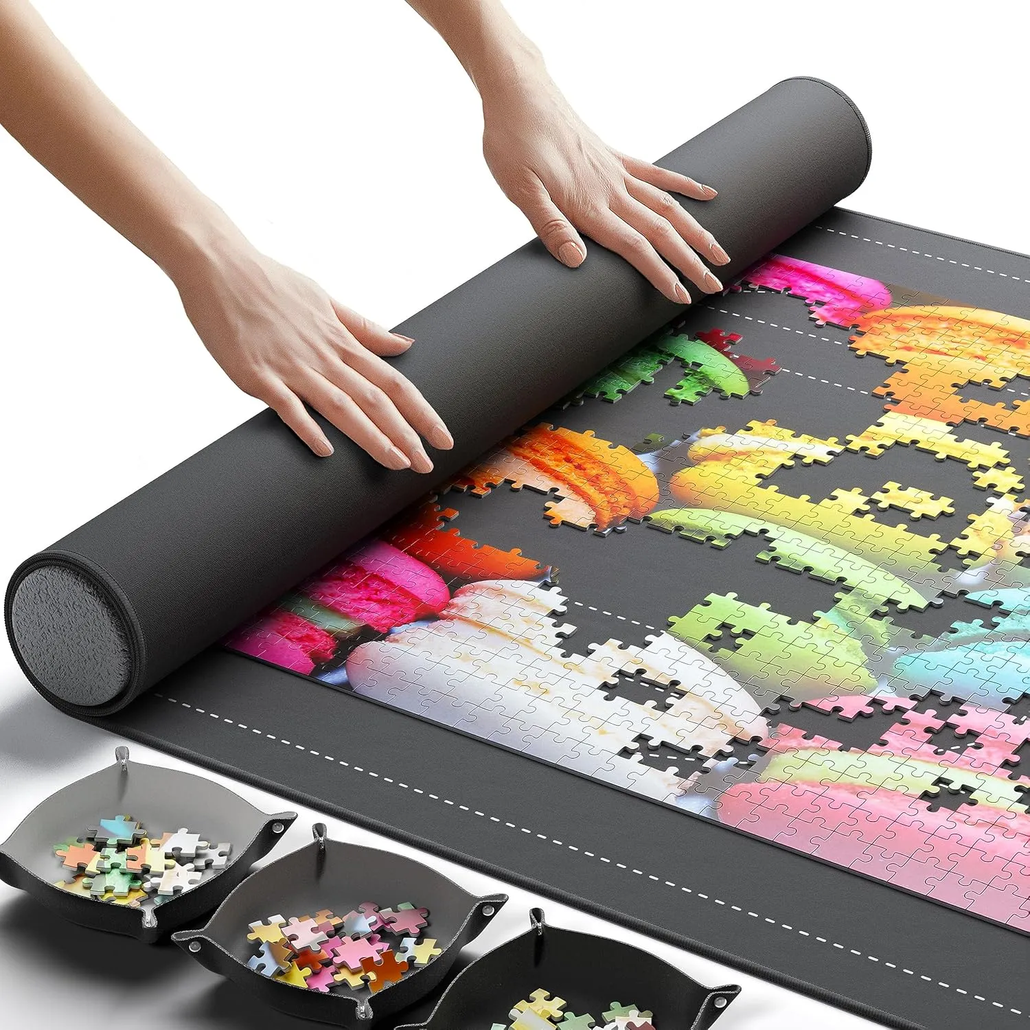 The Original Newverest Jigsaw Puzzle Mat Roll Up, Saver Pad 46” x 26” Portable Keeper Up to 1500 Pieces with Non-Slip Rubber Bottom & Smooth Top   3 Puzzle Sorting Trays & Travel-Friendly Storage Bag