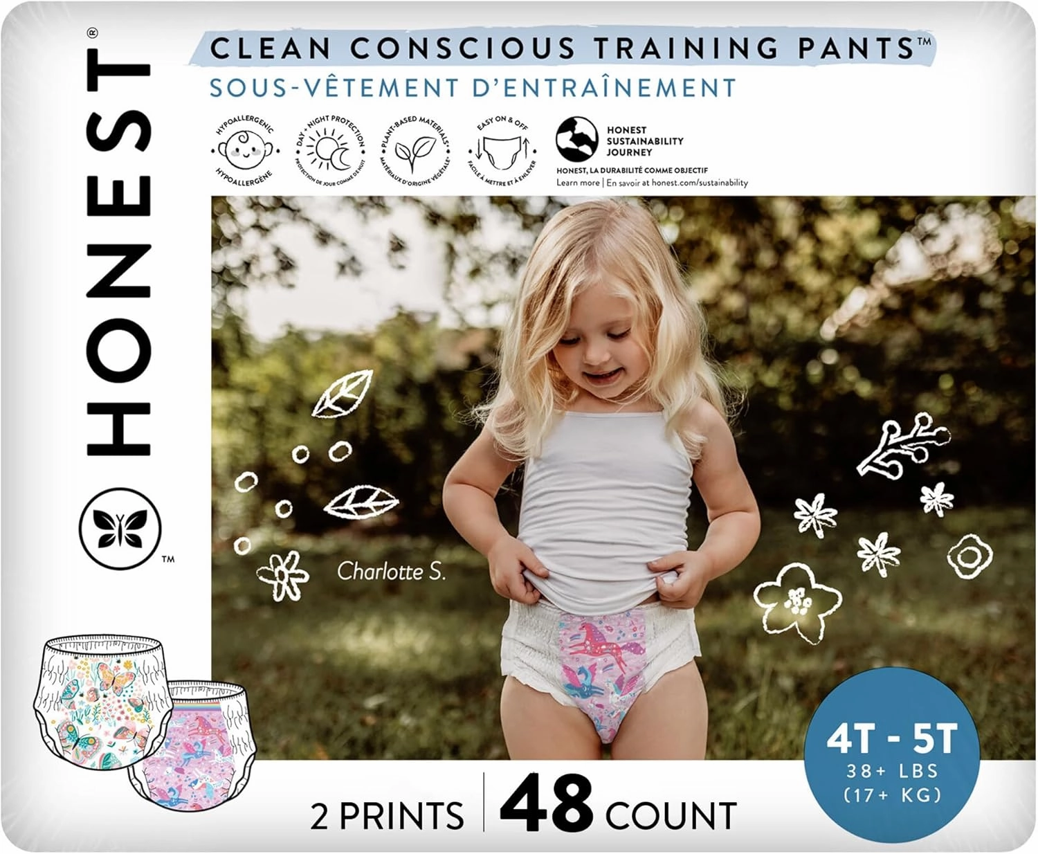 The Honest Company Clean Conscious Training Pants for Sensitive Skin | Hypoallergenic, Fragrance Free | Magical Moments   Butterfly Kisses | Size 4T/5T (38  lbs), 48 Count