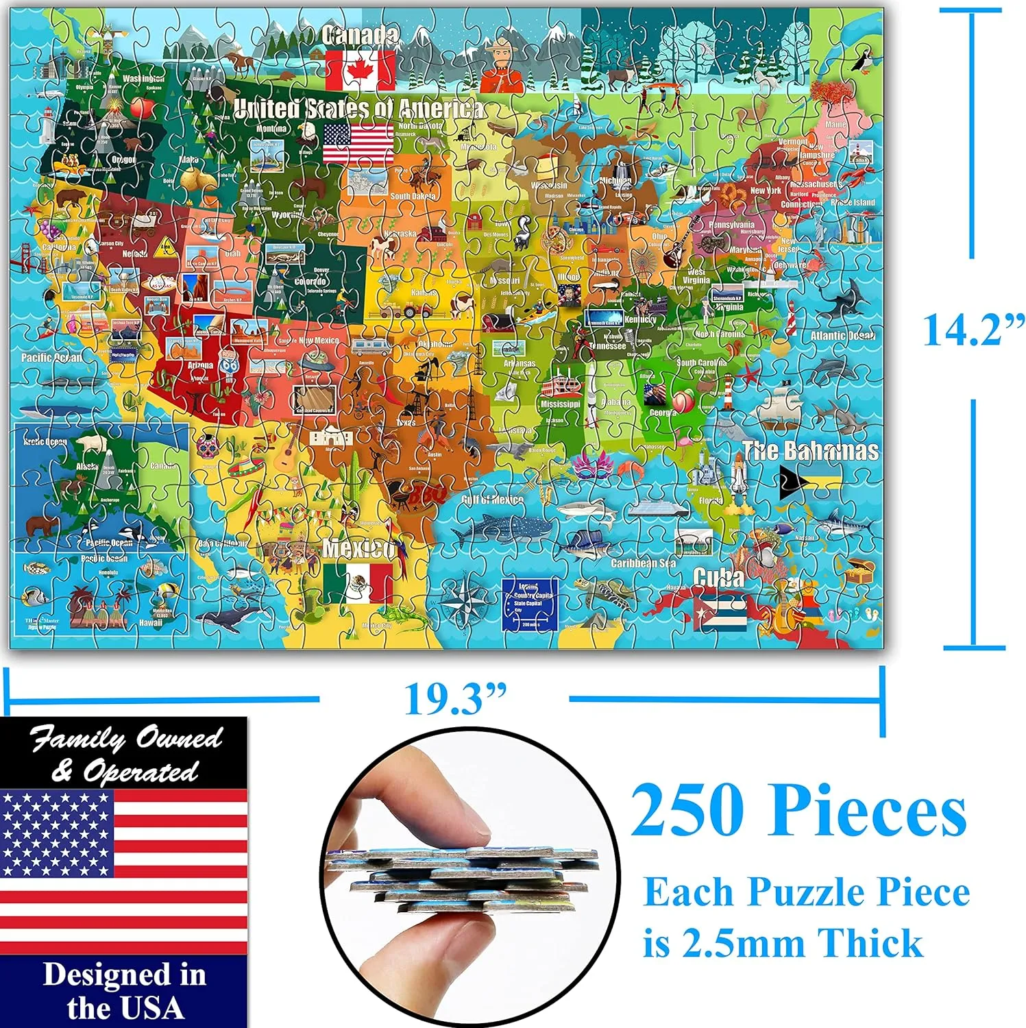 Think2Master United States Map 250 Pieces Jigsaw Puzzle Fun Educational Toy for Kids 8-10 10-12, School & Families. Great Gift for 8  to Stimulate Learning of USA. Size: 14.2” X 19.3”