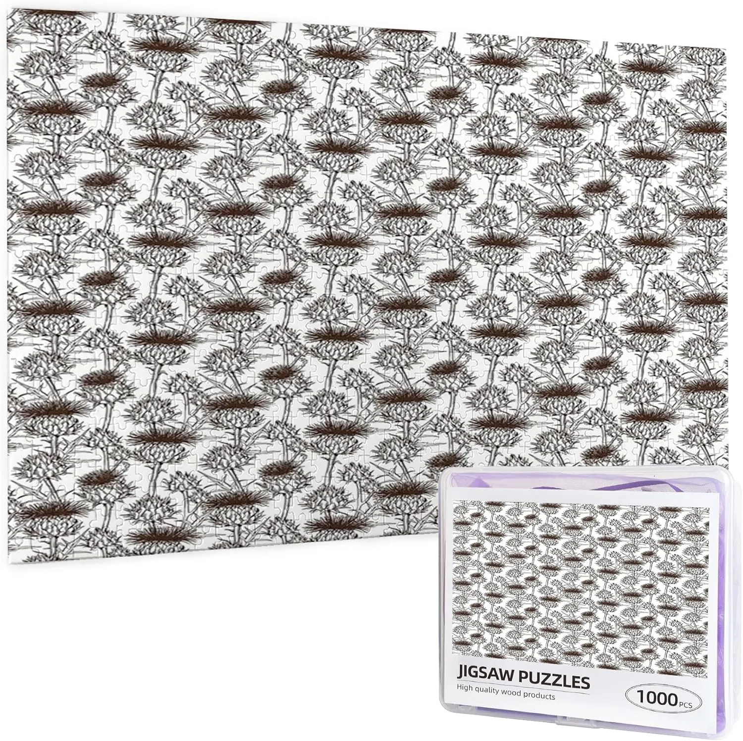 Thistle Print,1000PCS Portable Wooden Jigsaw Puzzle for Adults,Scottish Thistle Design,Birthday Gift for Family and Friends,Brown White(Horizontal)