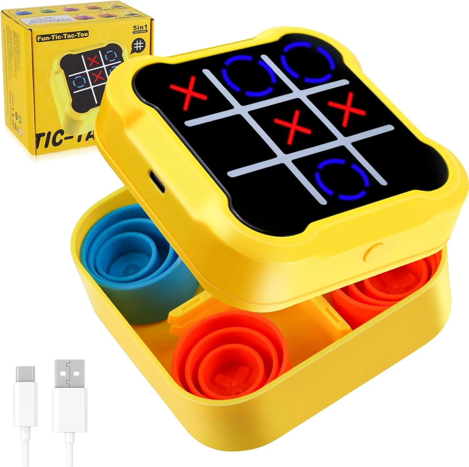 Tic Tac Toe Game, 5-in-1 Electronic Handheld Puzzle Console for Kids Teens Adults, Educational Board Game with Memory & Brain Modes, Rechargeable Portable Travel Toy, Birthday Present Age 6 