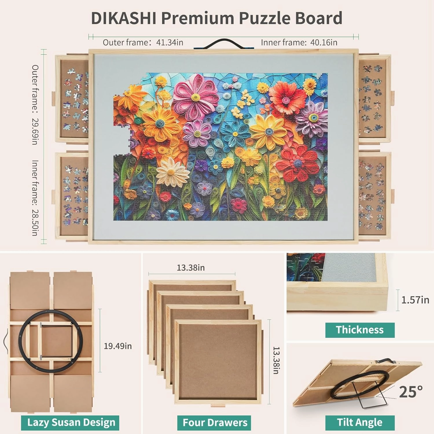 Tilting & Rotating Puzzle Board for 2000 Pieces, 40.16" × 28.5", Portable Jigsaw Puzzle Table for Adults with 4 Drawers & Protective Cover & Non-Slip Tabletop, Ideal Gift for Mum