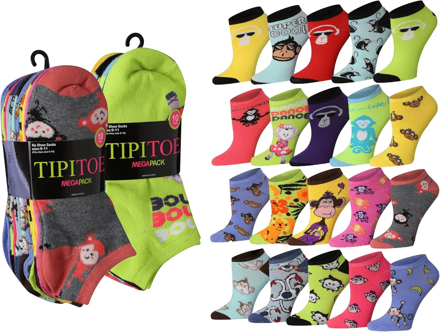Tipi Toe Women's 20 Pairs Colorful Patterned Low Cut/No Show Socks