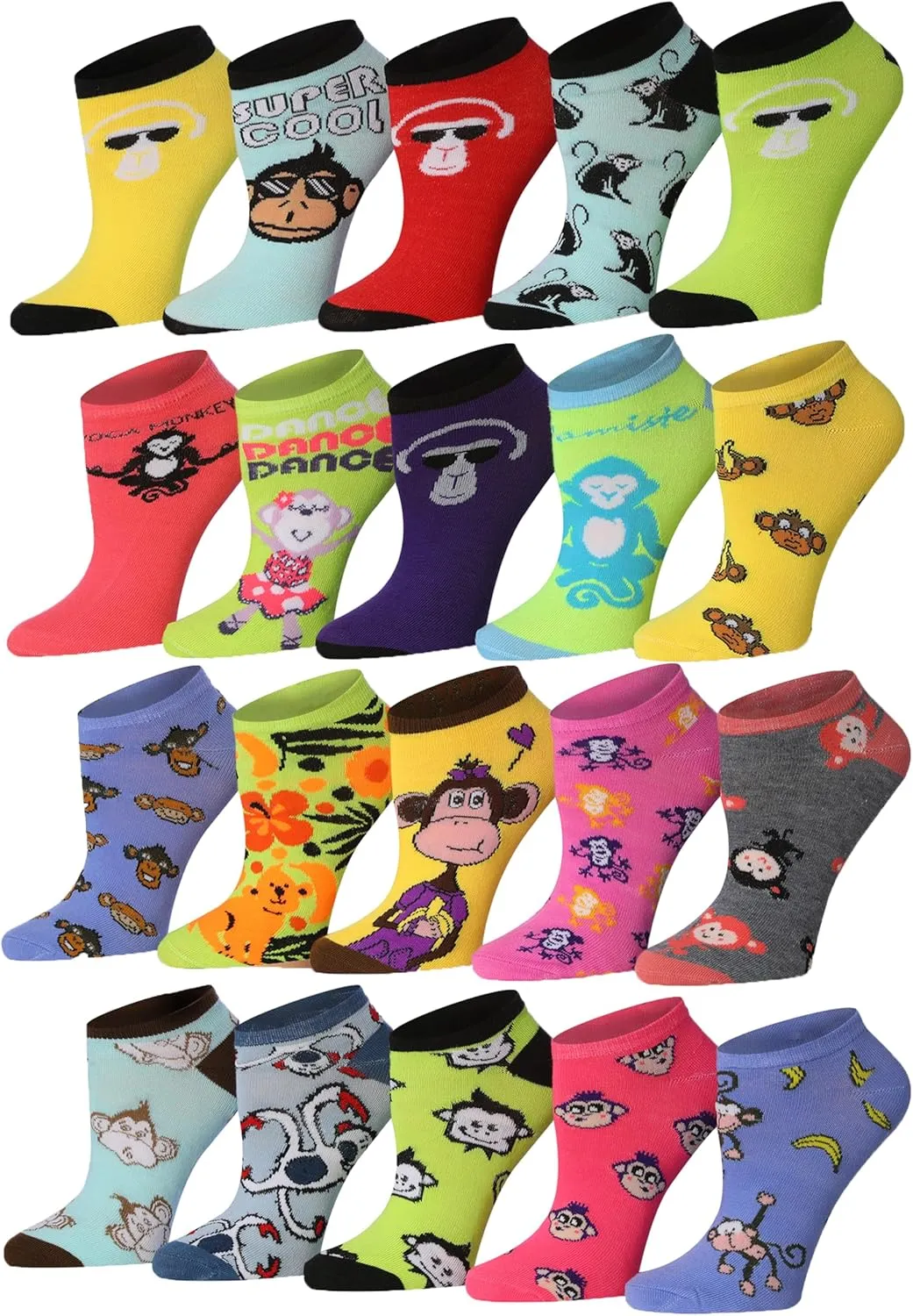 Tipi Toe Women's 20 Pairs Colorful Patterned Low Cut/No Show Socks