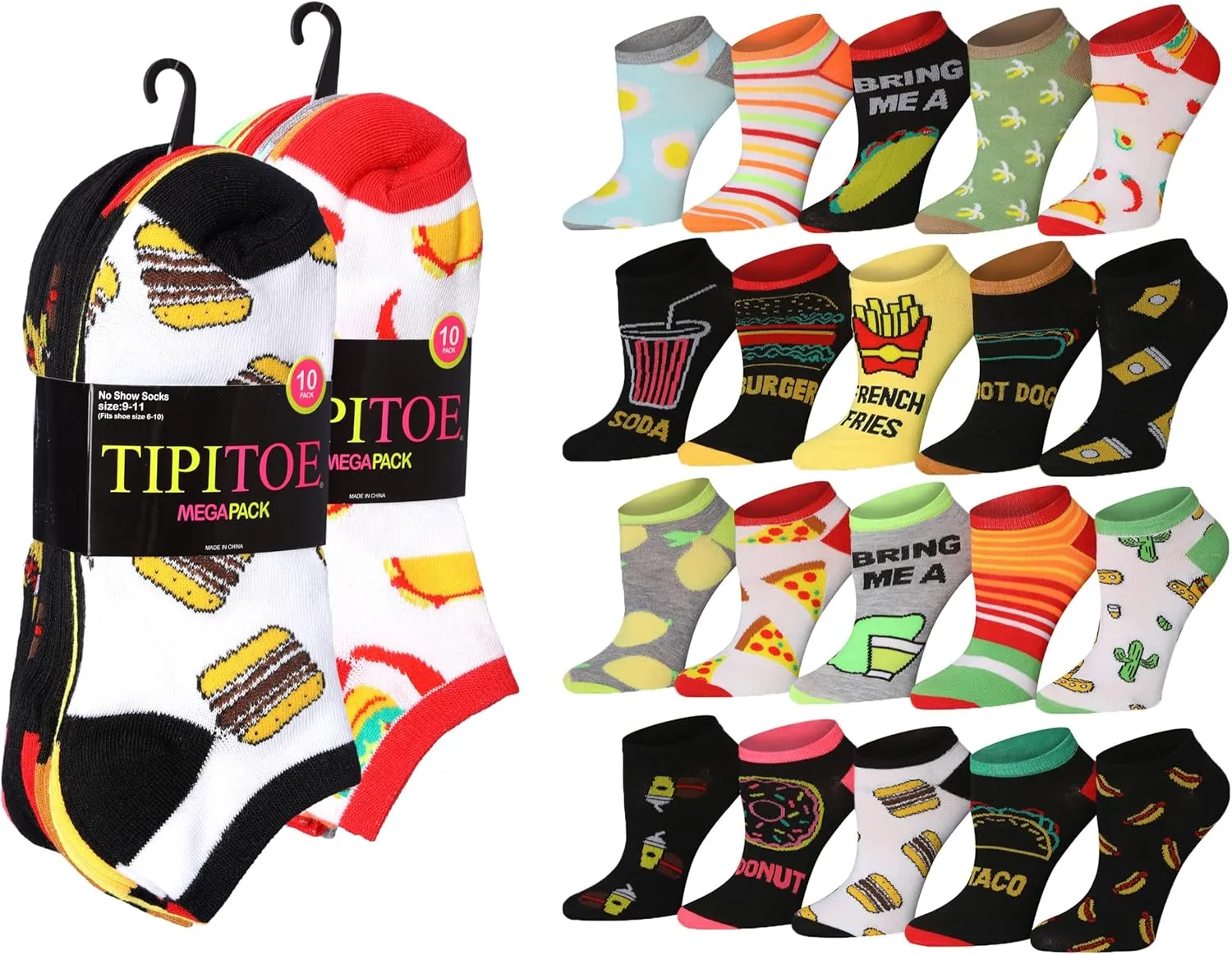 Tipi Toe Women's 20 Pairs Funny Novelty Low Cut Colorful Patterned No Show Socks For Women