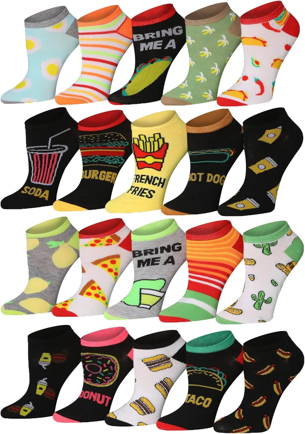Tipi Toe Women's 20 Pairs Funny Novelty Low Cut Colorful Patterned No Show Socks For Women