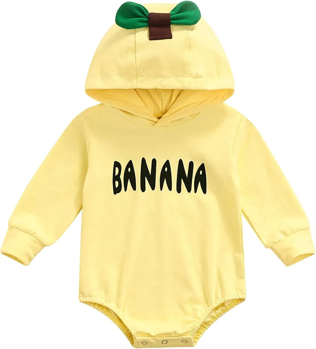 Toddler Baby Banana Outfit Infant Banana Costume Long Sleeve Yellow Fruit Romper Hooded Pullover Girl Boy Clothes