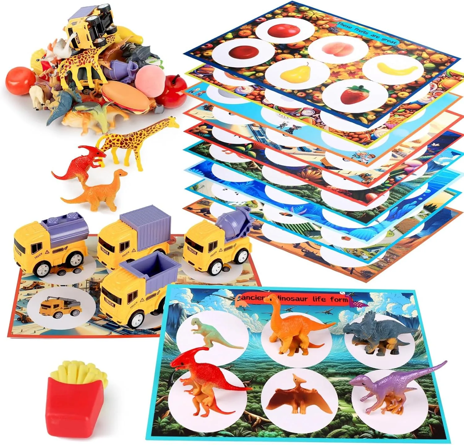 Toddler Sorting Playsets, Montessori Fruits Dinosaurs Animals Insects Balls Food Fish Poultry Sorting Matching Toys for 3 Years, Boys and Girls