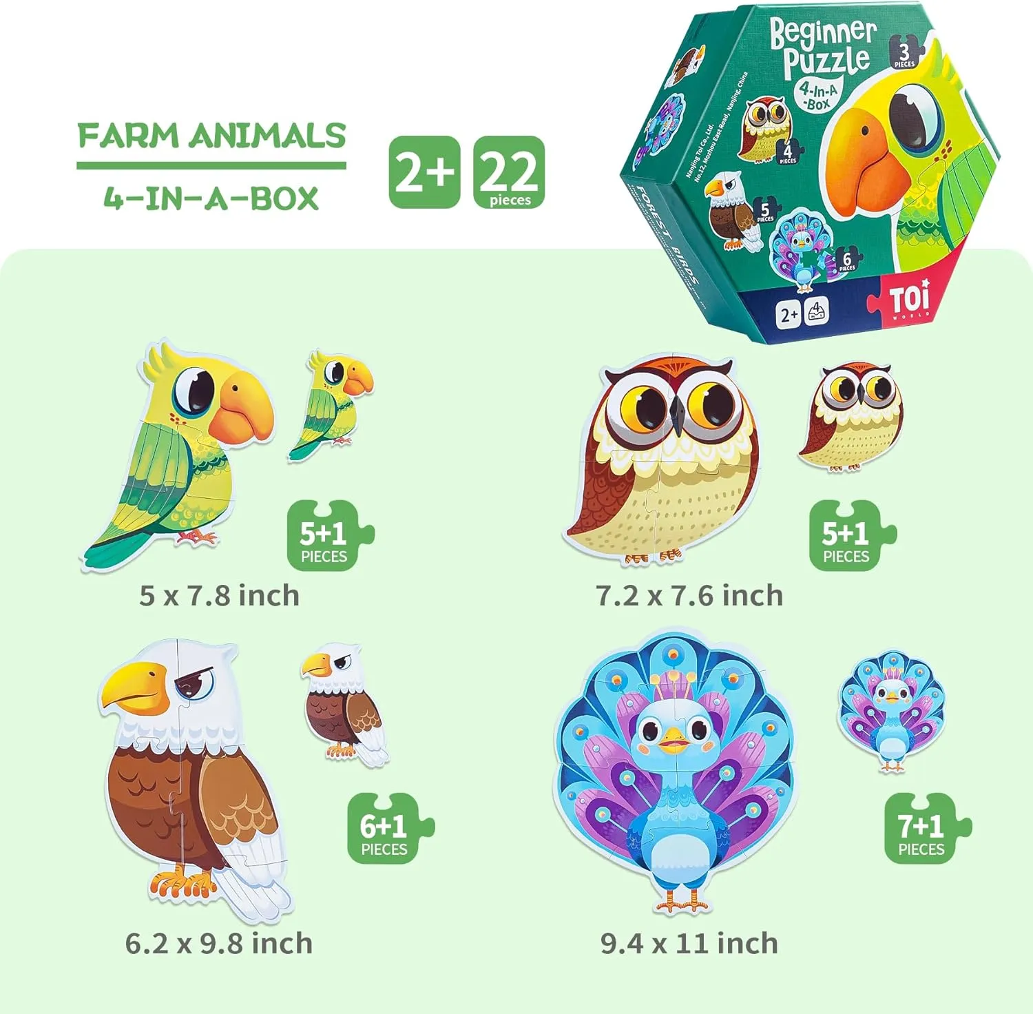 TOI Large Piece Toddler Puzzles for 2-4 Years Old, 4 Packs Beginner Puzzles for Toddlers, Kids Big Shape Preschool Learning Puzzle for Boys Girls Gift, Forest Birds