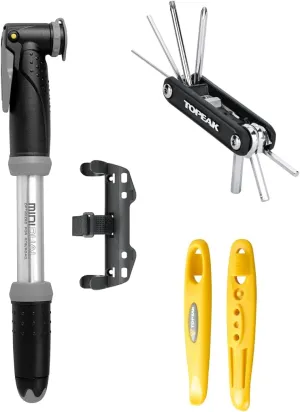Topeak Essentials Cycling Accessory Kit – Mini Dual Pump (120 PSI), 11-Function X-Tool , Shuttle Lever 1.1 Tire Levers – Compact Bike Repair Kit for Road, MTB & Commuter Cyclists