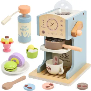 Toy Coffee Maker for Kids, Wooden Kids Coffee Playset with Play Kitchen Accessories and Toy Dessert, Coffee Shop Playset Wooden Toys for Toddlers Girls Boys