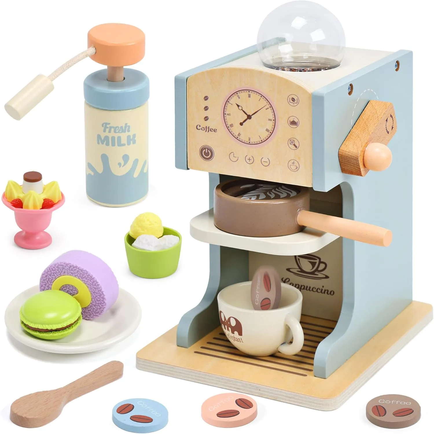 Toy Coffee Maker for Kids, Wooden Kids Coffee Playset with Play Kitchen Accessories and Toy Dessert, Coffee Shop Playset Wooden Toys for Toddlers Girls Boys