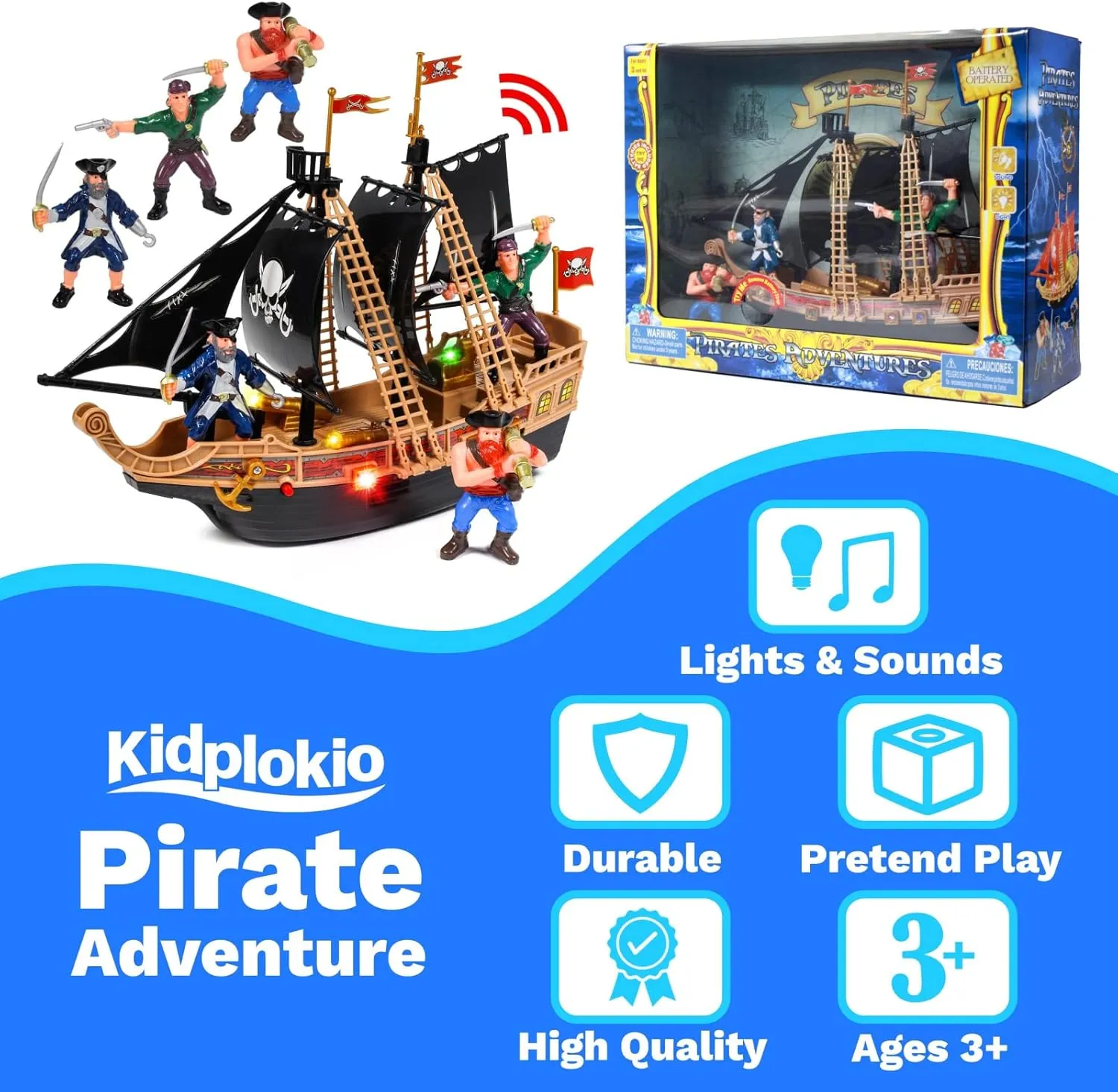 Toy Pirate Ship Boat Adventure Playset with Lights Sounds Action Figures, Black, Boys, Ages 3 