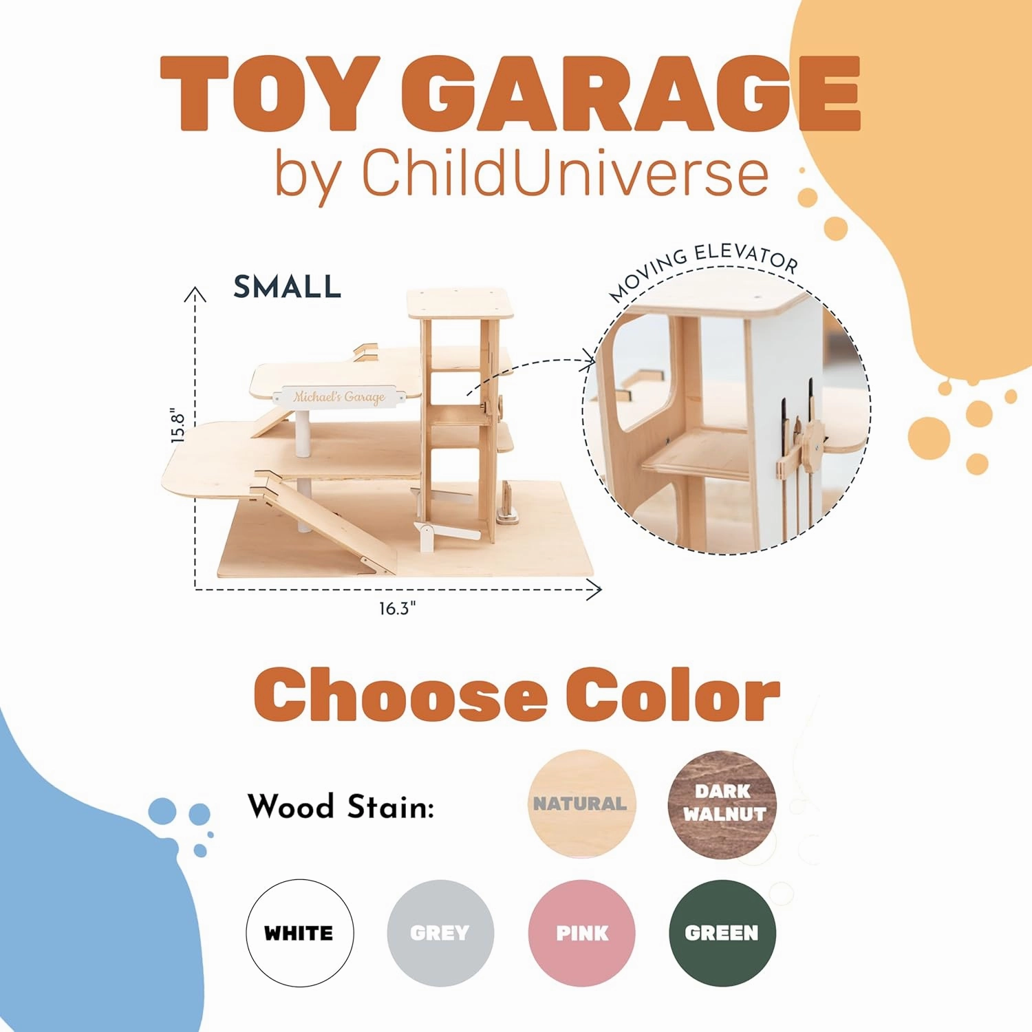 Toy Parking Garage with Elevator Wooden Toy Car Storage Hot Wheels Car Compatible Gift for Toddlers 1-4 Years Old Organizer Case Shelf for Mini Toy Cars (Small, Dark Walnut)