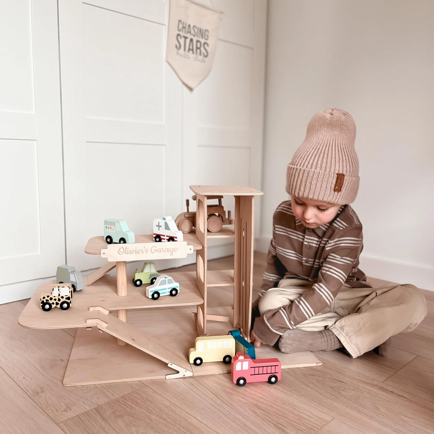 Toy Parking Garage with Elevator Wooden Toy Car Storage Hot Wheels Car Compatible Gift for Toddlers 1-4 Years Old Organizer Case Shelf for Mini Toy Cars (Small, Dark Walnut)