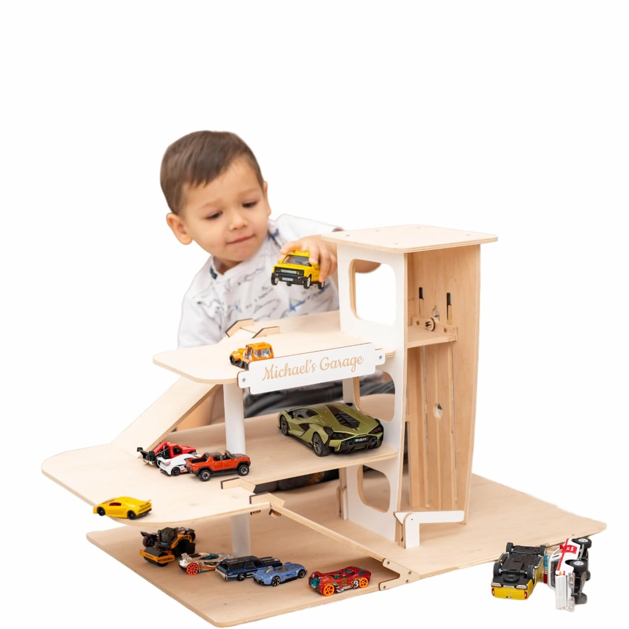 Toy Parking Garage with Elevator Wooden Toy Car Storage Hot Wheels Car Compatible Gift for Toddlers 1-4 Years Old Organizer Case Shelf for Mini Toy Cars (Small, Dark Walnut)