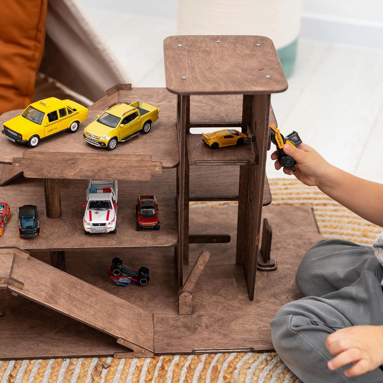 Toy Parking Garage with Elevator Wooden Toy Car Storage Hot Wheels Car Compatible Gift for Toddlers 1-4 Years Old Organizer Case Shelf for Mini Toy Cars (Small, Dark Walnut)