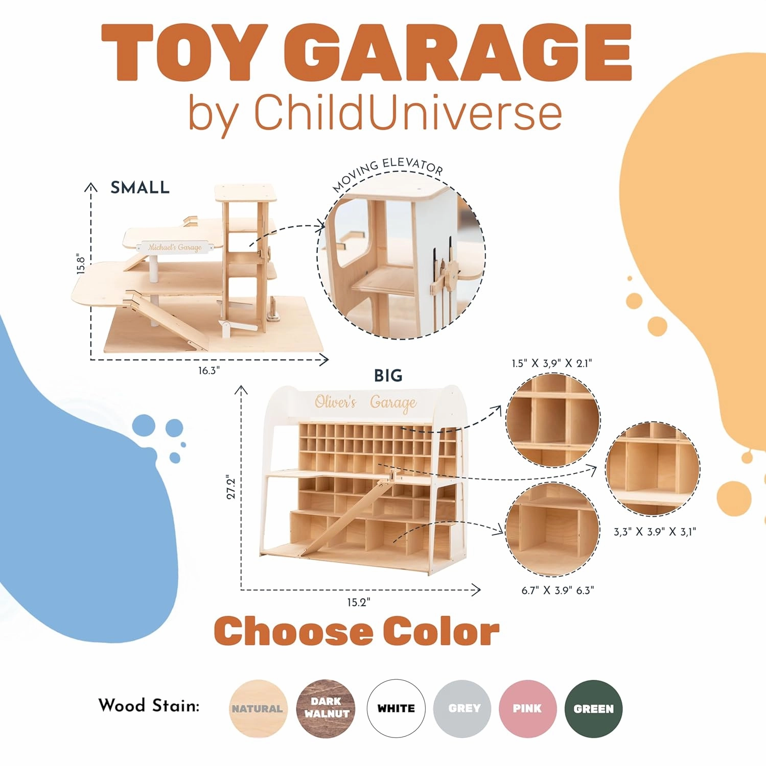 Toy Parking Garage with Elevator Wooden Toy Car Storage Hot Wheels Car Compatible Gift for Toddlers 1-4 Years Old Organizer Case Shelf for Mini Toy Cars (Small, Dark Walnut)