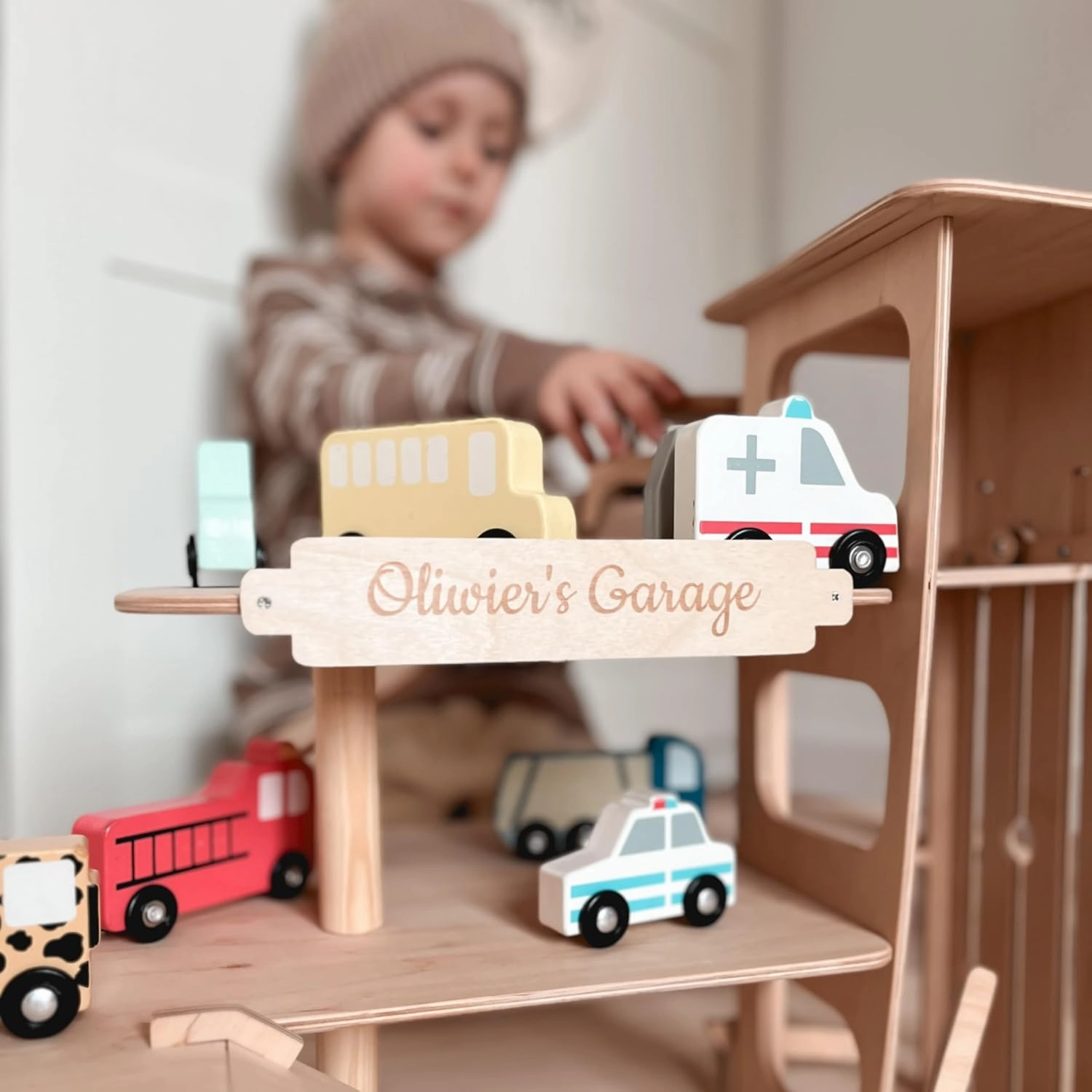 Toy Parking Garage with Elevator Wooden Toy Car Storage Hot Wheels Car Compatible Gift for Toddlers 1-4 Years Old Organizer Case Shelf for Mini Toy Cars (Small, Dark Walnut)