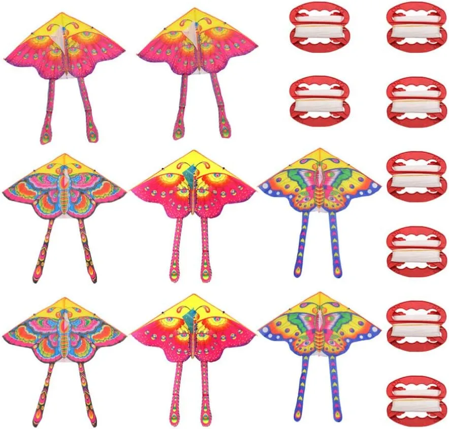 TOYANDONA 8 Sets Kids Butterfly Kite Rainbow Colorful Butterfly Kite Easy to Fly Triangle Kite Rainproof Silk Single Line Kite for Outdoor Games Activities Park Beach Random Color