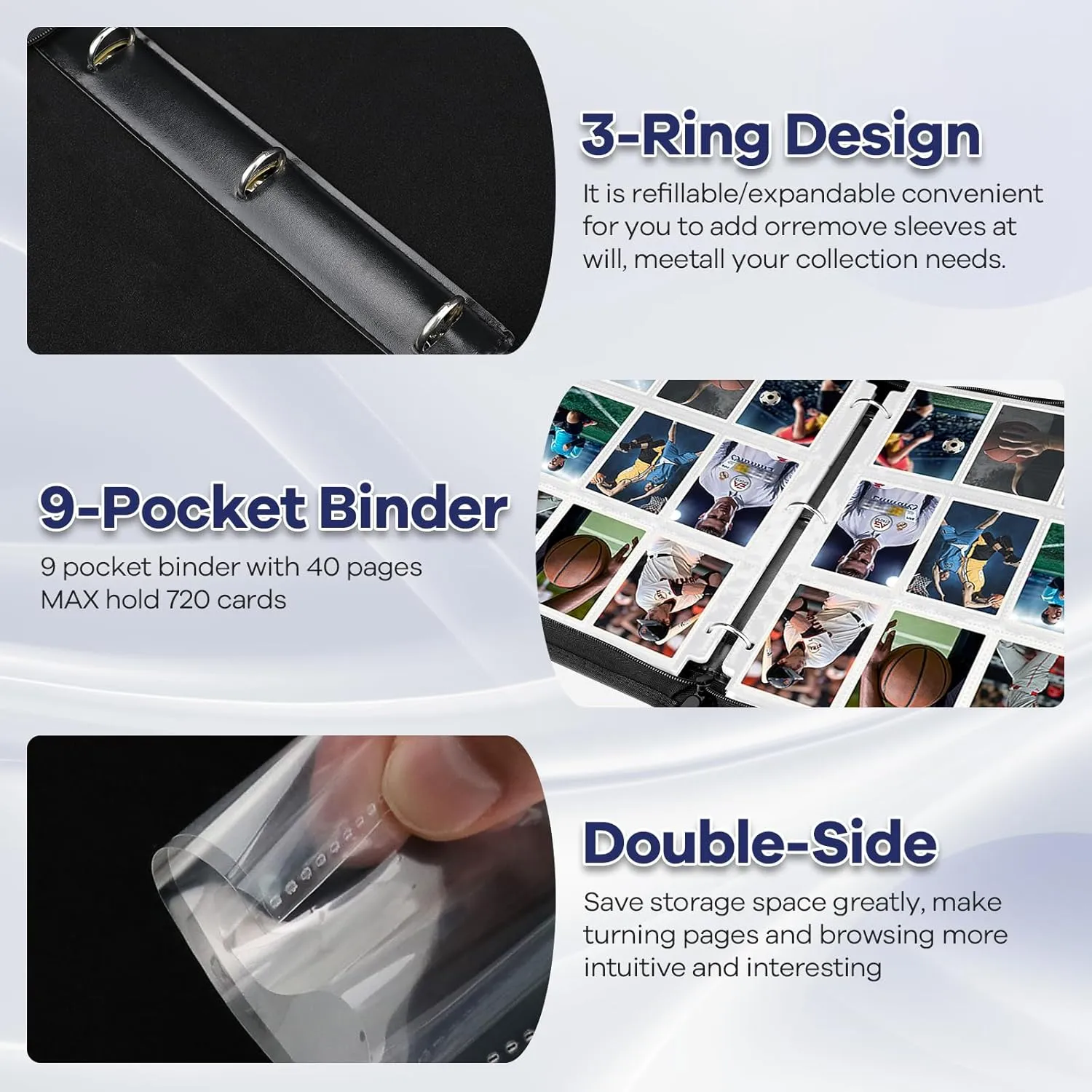 Trading Card Binder with Sleeves, 9 Pocket Trading Card Binder Premium 720 Double Sided Pocket PU Card Collection Binder, Collectible Card Albums Card Folder for MTG, TCG, Sports Cards, Game Cards