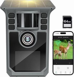 Trail Camera 4K 64MP WiFi Solar Game Camera, 5000mAh Forever Power, 64GB Memory Card and Ip67 Waterproof Night Vision Trail Cam for Outdoor Wildlife Detection, Monitoring Trail Cameras
