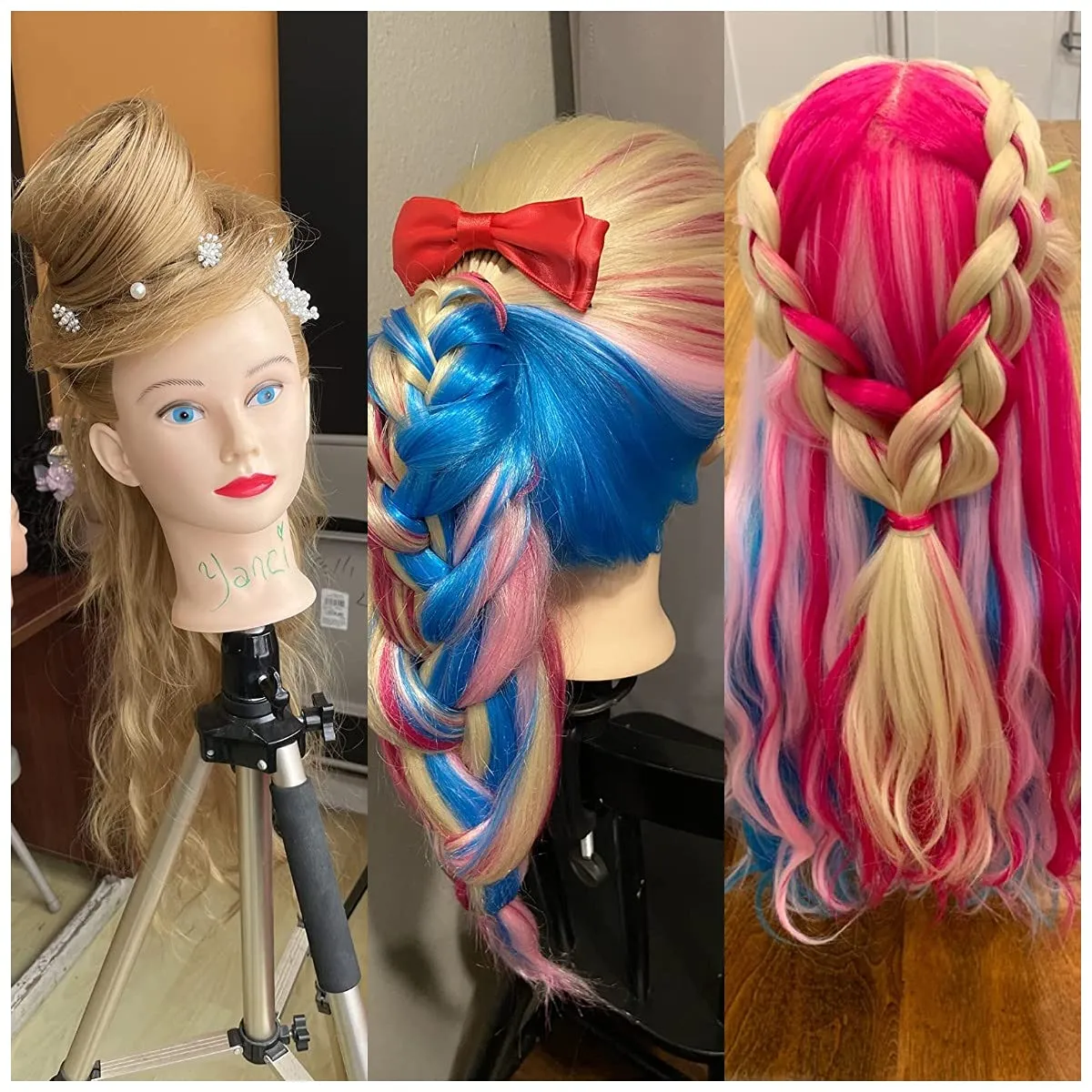 Training Head 26-28 Inch Mannequin Head Hair Styling Manikin Cosmetology Doll Head Hairdressing for Styling Dye Cutting Braiding Practice Head Synthetic Fiber Hair and Free Table Clamp Stand