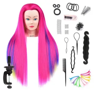 Training Head 26-28 Inch Mannequin Head Hair Styling Manikin Cosmetology Doll Head Hairdressing for Styling Dye Cutting Braiding Practice Head Synthetic Fiber Hair and Free Table Clamp Stand