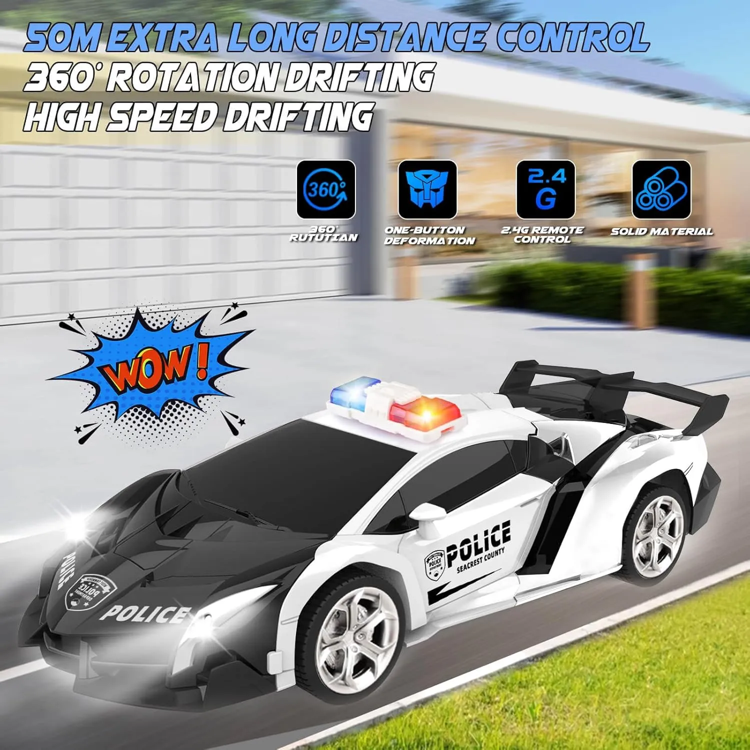 Transform Remote Control Car - Rc Cars, One-Button Transforming, 360° Rotation Drifting, 2.4ghz 1:18 Scale, Gift Kids Aged 4-6 Year Old Boys/Girls, Police Car Black