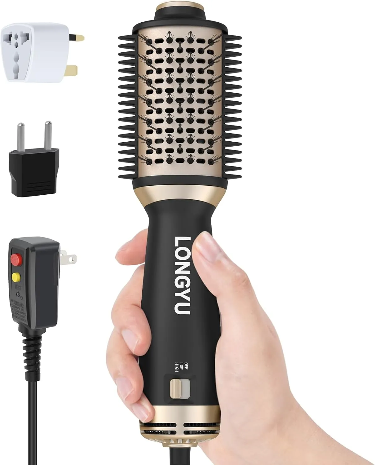 Travel Hair Dryer Brush Dual Voltage Mini Hot Air Blow Dryer Curler Brush Round Blowout Styler Volumizer Tools, 110/240V US/EU/UK Plug for International Travel (Black)
