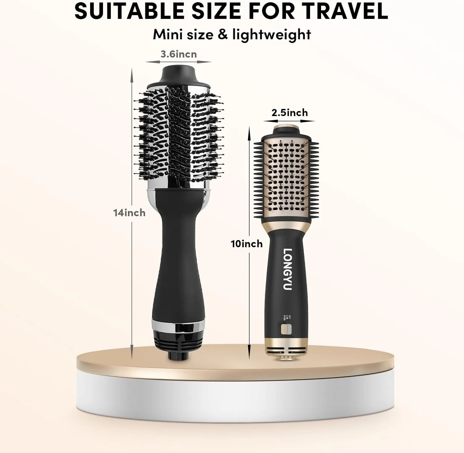 Travel Hair Dryer Brush Dual Voltage Mini Hot Air Blow Dryer Curler Brush Round Blowout Styler Volumizer Tools, 110/240V US/EU/UK Plug for International Travel (Black)