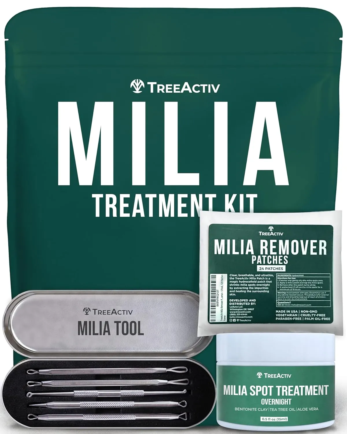 TreeActiv Milia & Acne Spot Treatment 3 Items Tool Kit, Eye Milia Remover Treatment, Includes 0.5oz Overnight Milia Remover Cream with Bentonite Clay and Aloe Vera, Milia Extractor Tool Kit Acne Treat