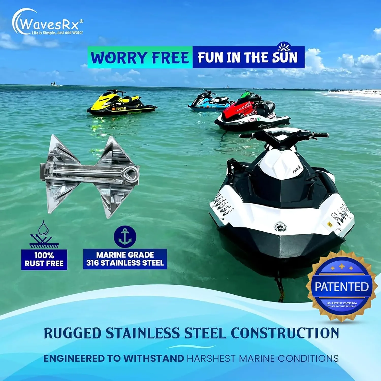 TriAnchor - Stainless Steel Folding PWC & Boat Anchor Kit | Sets Instantly for Effortless Boat & Jet Ski Anchoring | Compact Patent-Pending Design Grips Better Than Plow, Fluke or Box Anchor
