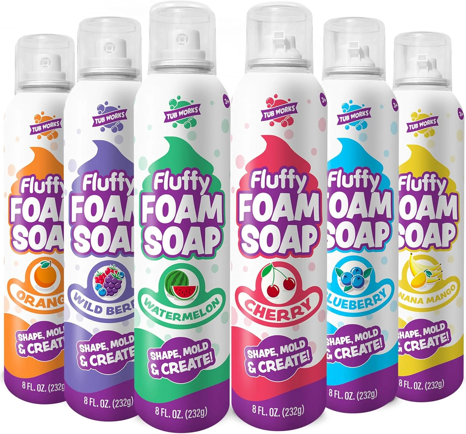 Tub Works® Fluffy Foam Soap, Variety 6 Pack | Shape, Mold & Create Bath Art with Soft Bath Foam for Kids | Gentle, Cleansing Kids Bath Soap | Easy-to-Use Spray Nozzles | Fruity, Fun Bath Colors