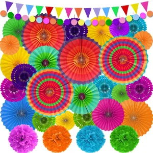 TURNMEON 32 Pcs Mexican Fiesta Party Decorations Set, 26 Colorful Hanging Paper Fans 4 Pom Poms Colorful Pennant Garland String for Mexican Party Decorations Taco Tuesday Photo Props Carnival Birthday