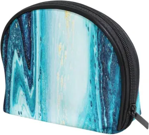 Turquoise Paint Abstract Marine Art Luxury Marble Agate Ripples Women's Shell Shape Cosmetic Makeup Bag, With Zipper Travel Toiletry Bag, Colorful Storage Bag for Lady Girl 8 x 2.5 x 5.5 inch