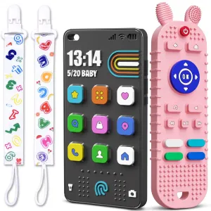 TV Remote Control Shape Baby Teething Toys and Phone Shape Teether Toys for Babies 6-12 Months, Soft Flexible Silicone Chew Toys for Baby - Black Pink