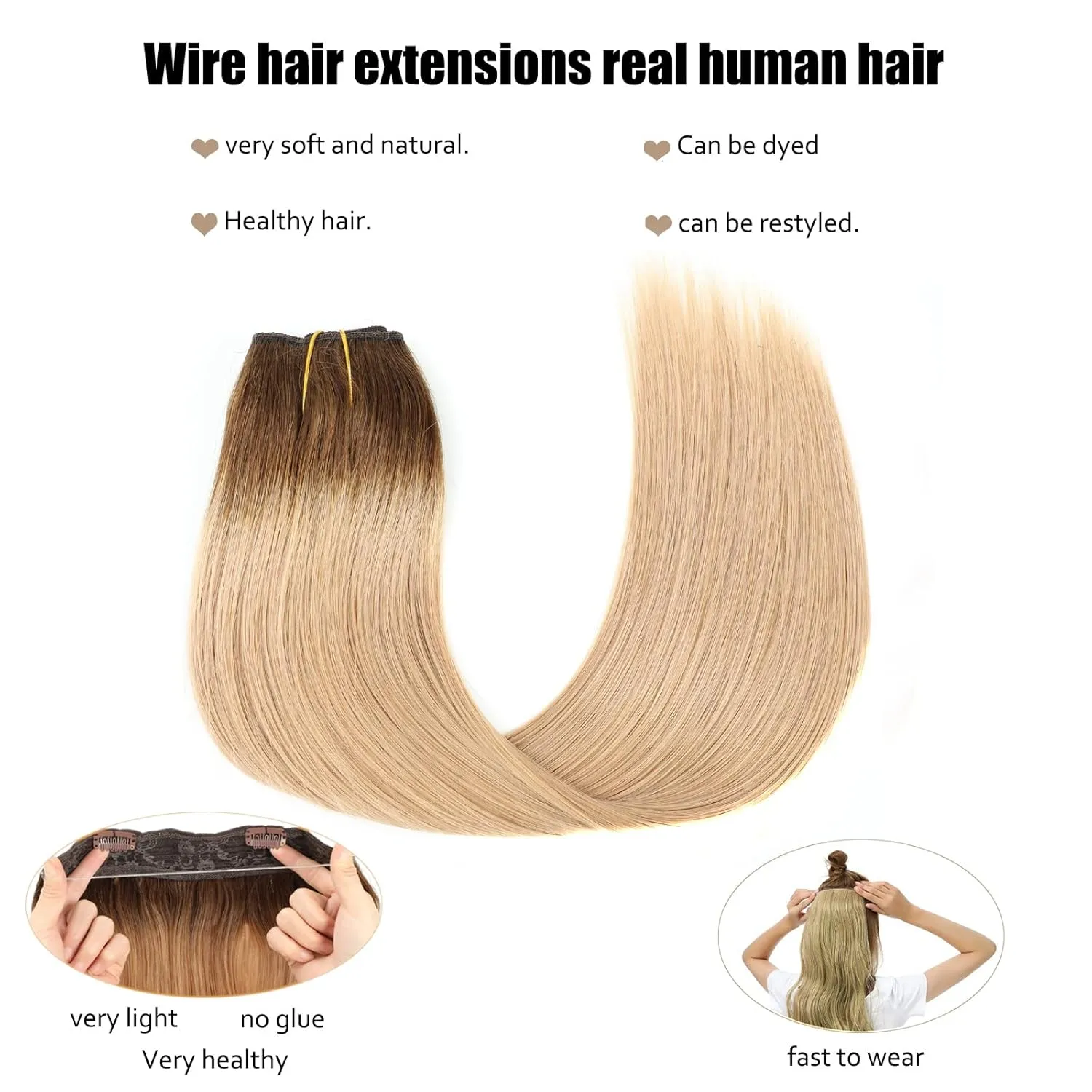 Ugrace Hair Wire Hair Extensions Real Human Hair Balayage Chocolate Brown to Dark Blonde 14 inch 70g Transparent Invisible Fish Line Straight Clip in Human Hair Extensions for Women